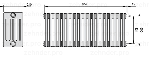 Схема (чертеж) Радиатор Zehnder Charleston 6060/19 №7610 Белый глянцевый RAL 9016